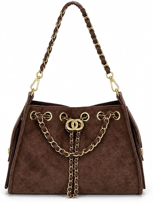 Cognac Suede Quilted Shoulder Crossbody Handbag with Gold Chain Accent | Amazon (US)
