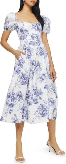 Davila Floral Print Puff Sleeve Linen Midi Dress | Nordstrom