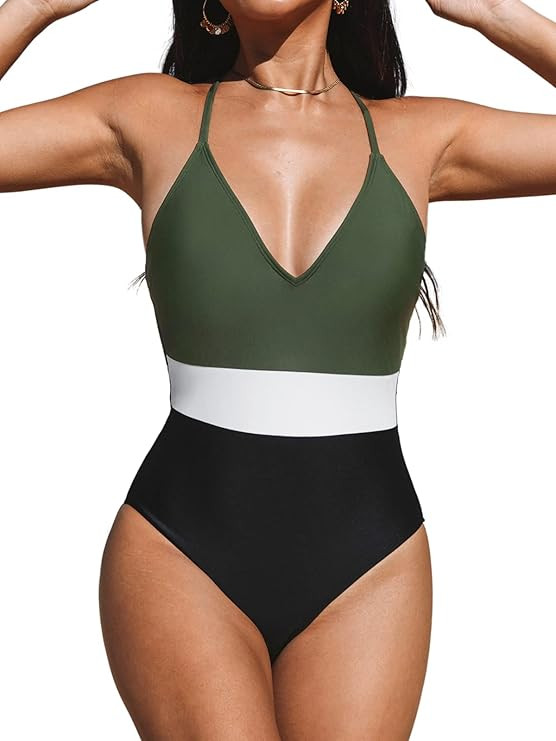 CUPSHE One Piece Swimsuit for Women Bathing Suits Deep V Neck Crisscross Back Color Block | Amazon (US)