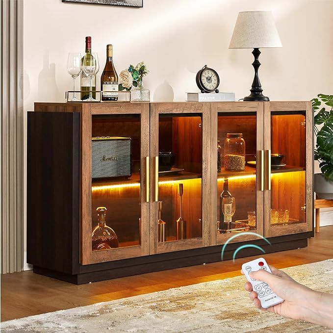 Sideboard Buffet Cabinet with Storage,64" Cabinet with Glass Door, Modern Wood Glass-Buffet Cabin... | Amazon (US)