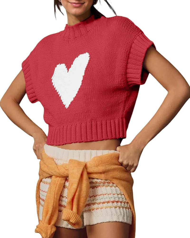 Tanou Womens Cap Sleeve Sweater Vest Mock Neck Crop Sweaters Causal Heart Knit Rib Hem Pullover L... | Amazon (US)
