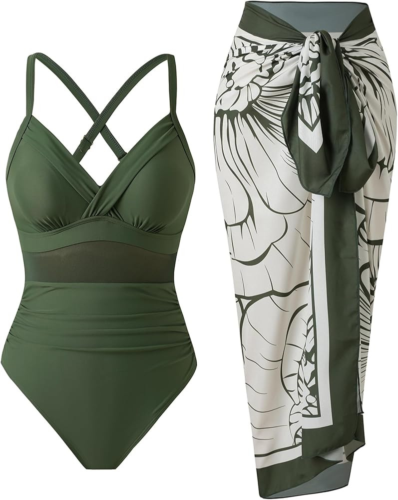 Women\u2019s One Piece Tummy Control Swimsuit with Skirt Retro Slimming Mesh Bathing Suit with Wr... | Amazon (US)