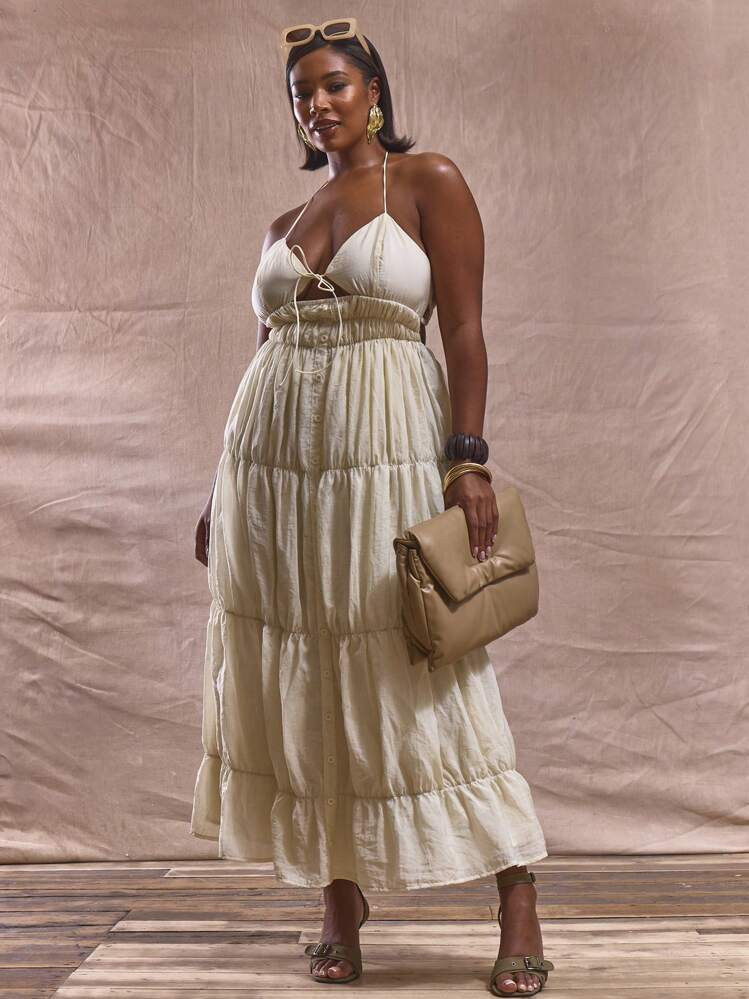 MUSERA Plus Size Halterneck Shirred Tie Front Cinched Waist Dress Spring Summer Cute Elegant Vacation Wedding Guest Beach Romance Outfit, Summer, Holiday, Sundress Ibiza, Holiday | SHEIN