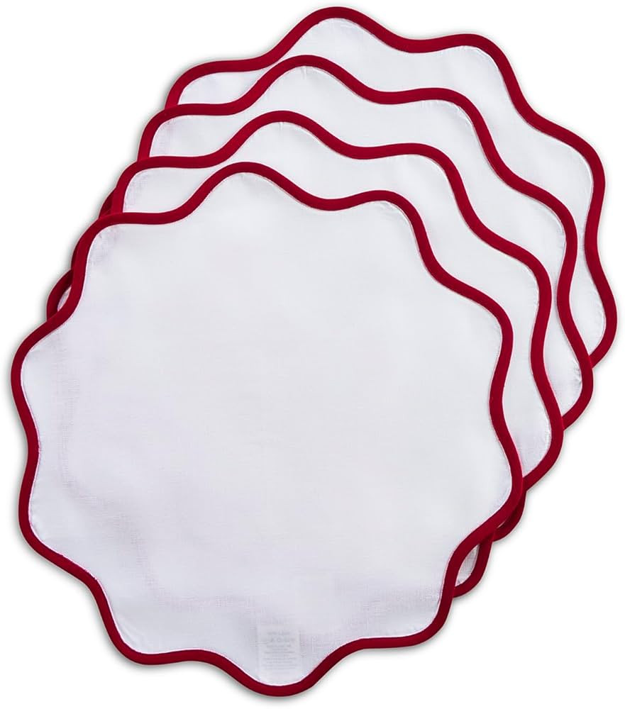 Solino Home Scallop Cloth Placemats Set of 4-100% Pure Linen Red and White Round Placemats 16 Inc... | Amazon (US)