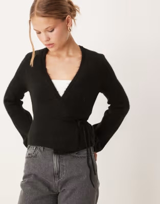 Gina Tricot long sleeve knitted wool alpaca wrap cardigan in black | ASOS | ASOS (Global)