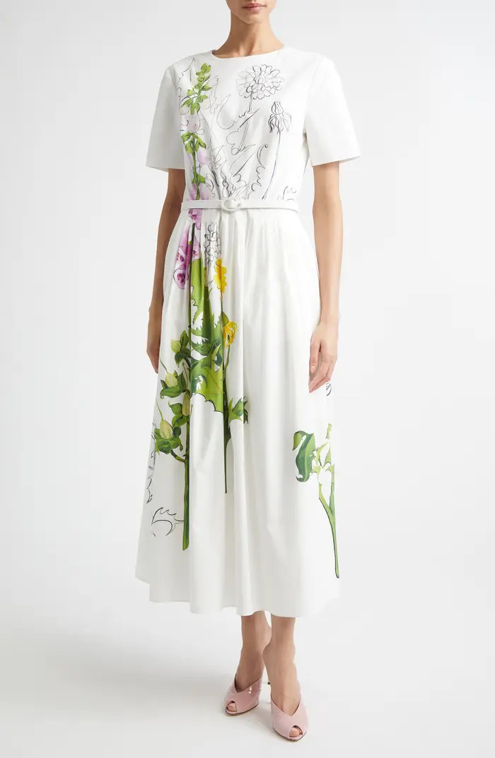 Foxglove & Dandelion Sketch Belted Stretch Cotton Poplin Midi Dress | Nordstrom