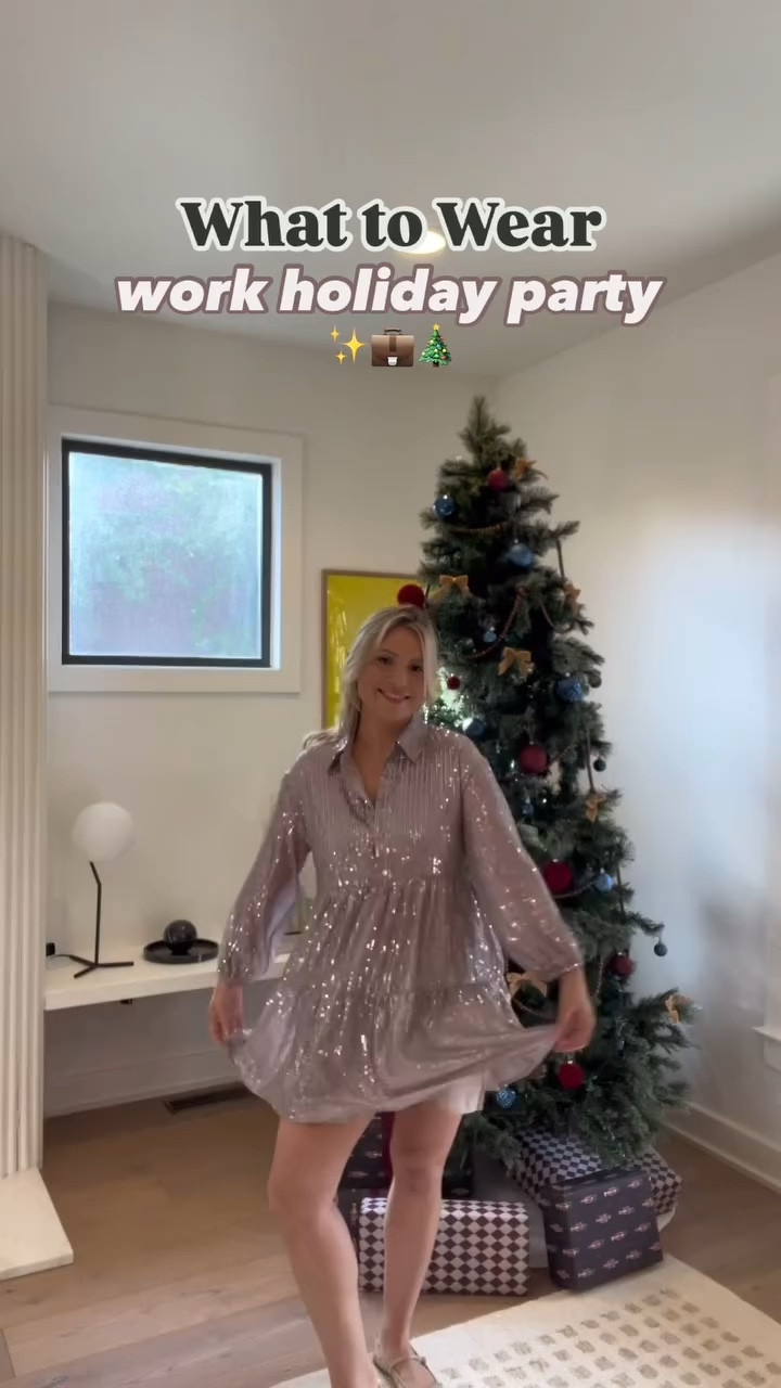 Ok this would be the cutest dress to wear for your work holiday party!! It’s fully lined and has POCKETS and sparkles so much ✨🥰 I’m wearing size medium! 

#workholiday #workholidayparty #officeholidayparty #whattowear #workparty #sequindress #holidaydress #modestdresses #dresswithpockets