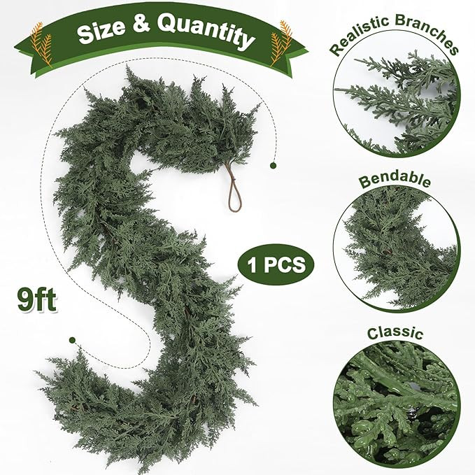 Jutom 1 PCS 9 ft Christmas Cedar Garland - Artificial Realistic Holiday Cedar Pine Needles Greene... | Amazon (US)