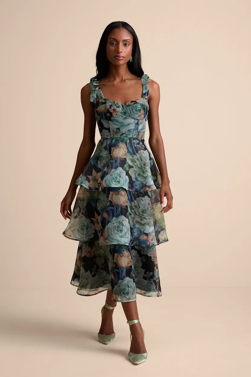 Playfully Posh Black Floral Organza Tie-Strap Tiered Midi Dress | Lulus