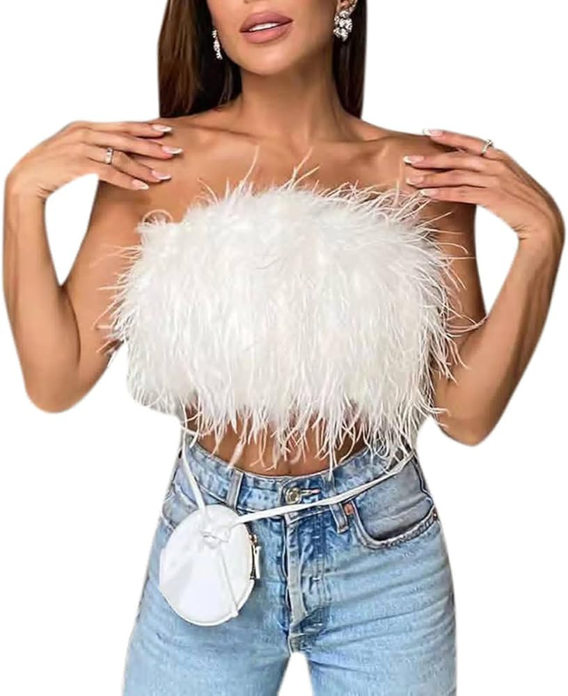 ZGMYC Women's Sexy Feather Crop Top Furry Faux Fur Strapless Tube Top Bandeau Sleeveless Camisole... | Amazon (US)
