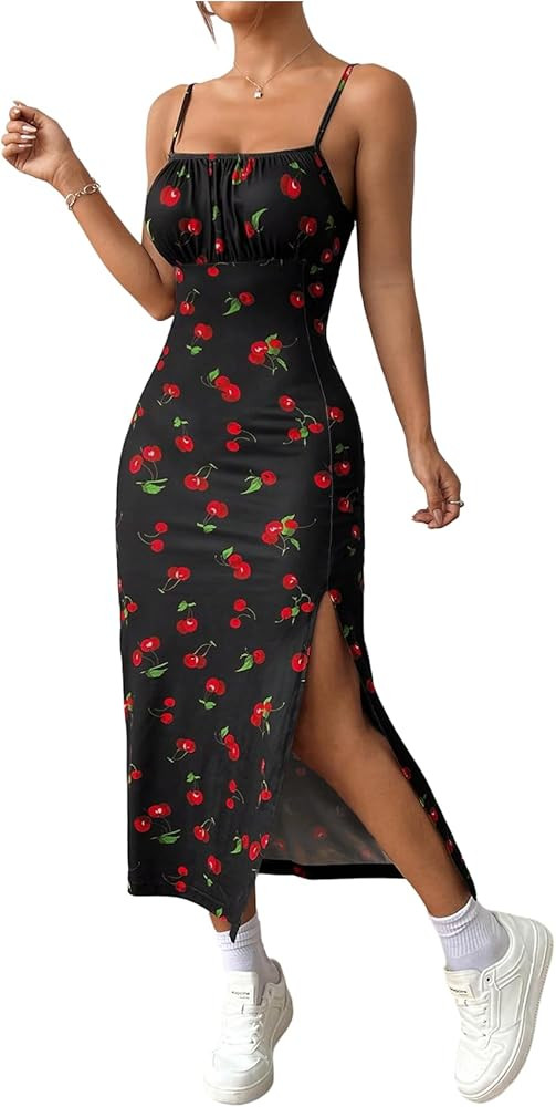 Verdusa Women's Cute Cherry Ruched Cami Dress Sleeveless Square Neck Split Thigh Midi Dresses | Amazon (US)