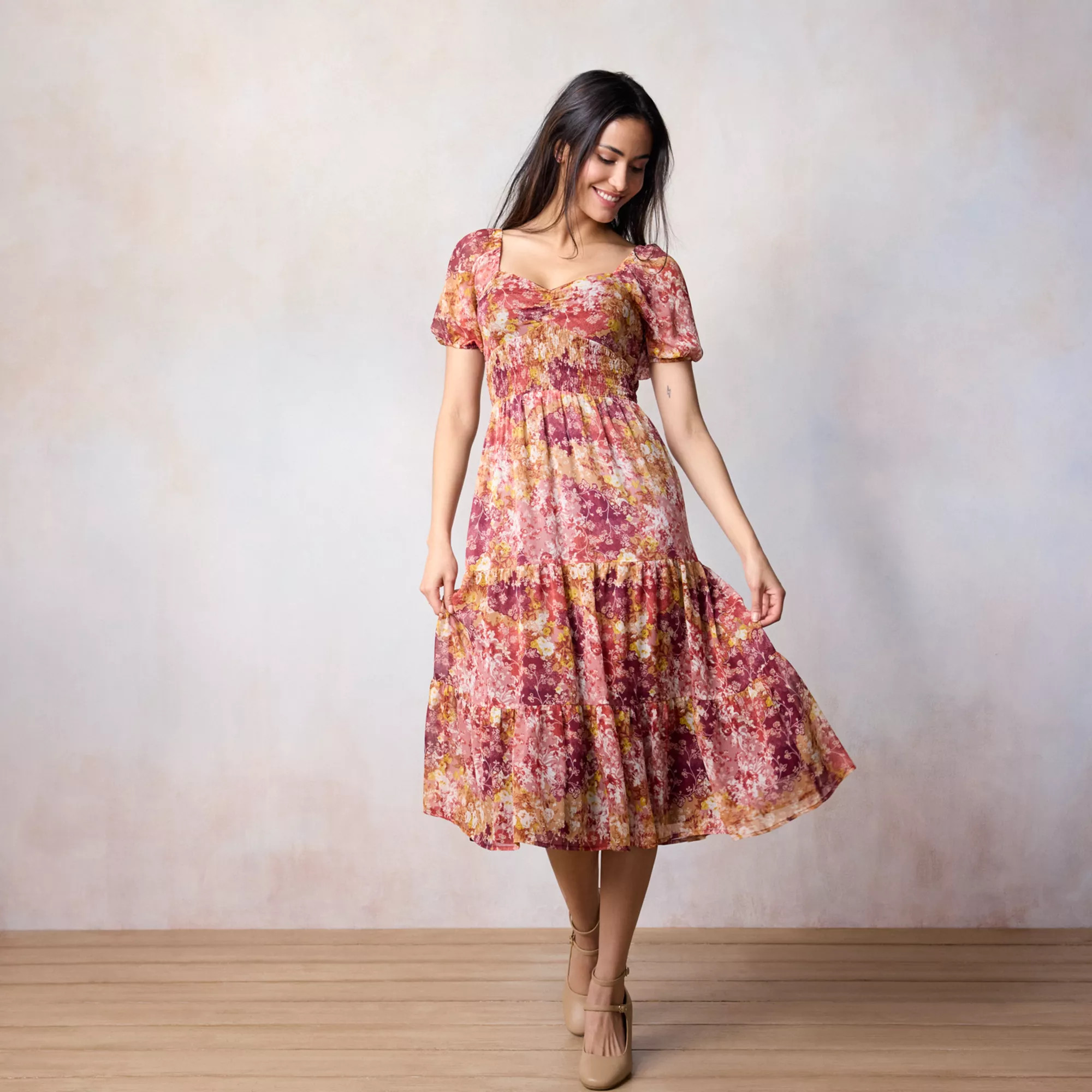 Women's LC Lauren Conrad Puff Sleeve Tiered Midi Dress | Kohl's