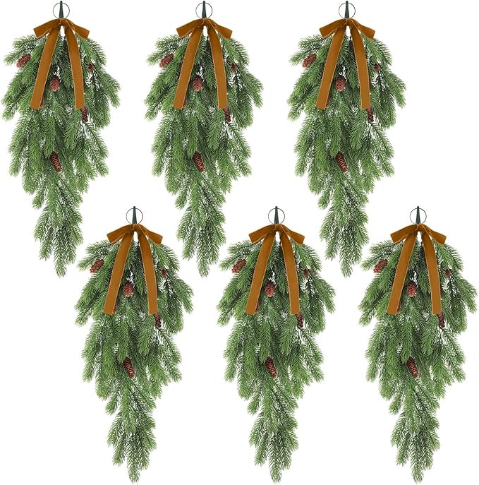 6 Pack Christmas Teardrop Swags with Velvet Bows 24 Inch Rustic Artificial Pine Greenery Teardrop... | Amazon (US)