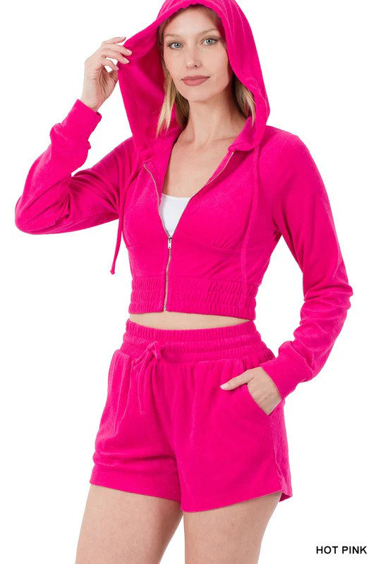 Loop Terry Zip Up Cropped Hoodie & Shorts Set Hot Pink / S | Casual Chic Boutique