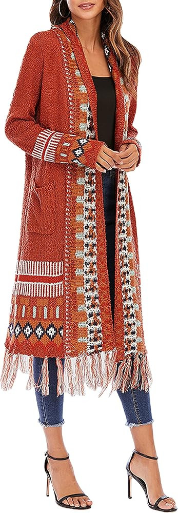CHARTOU Women's Retro Knit Tassel Fringe Open Front Cardigan Long Sweater Jacket with Pocket | Amazon (US)