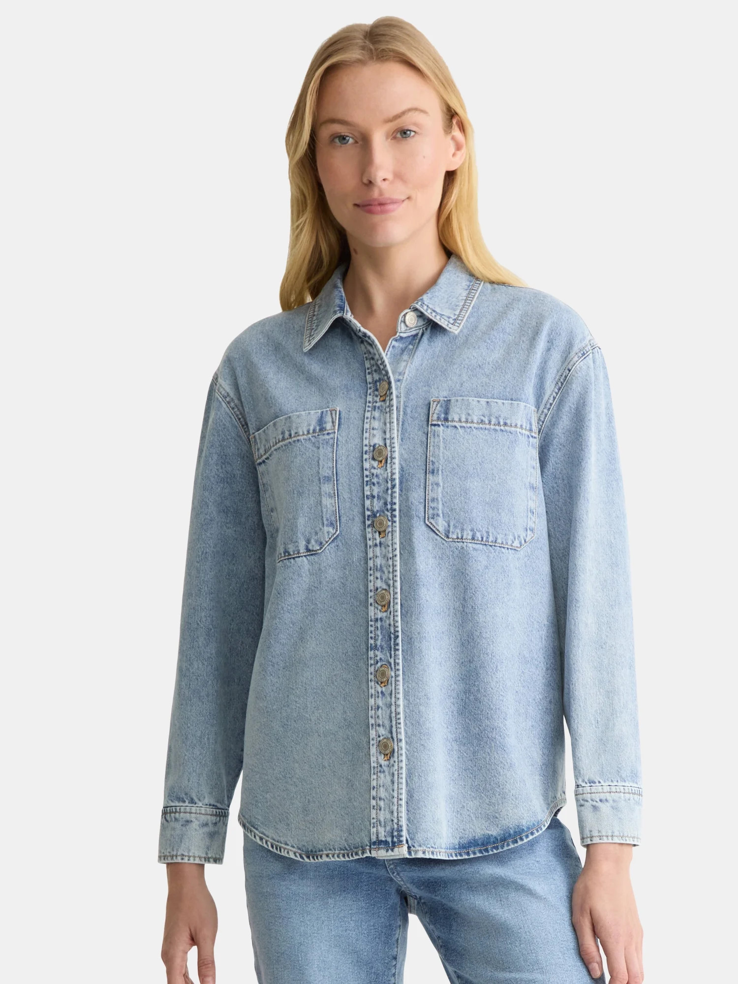 Time and Tru Women's Denim Overshirt with Long Sleeves, Sizes XS-XXXL | Walmart (US)