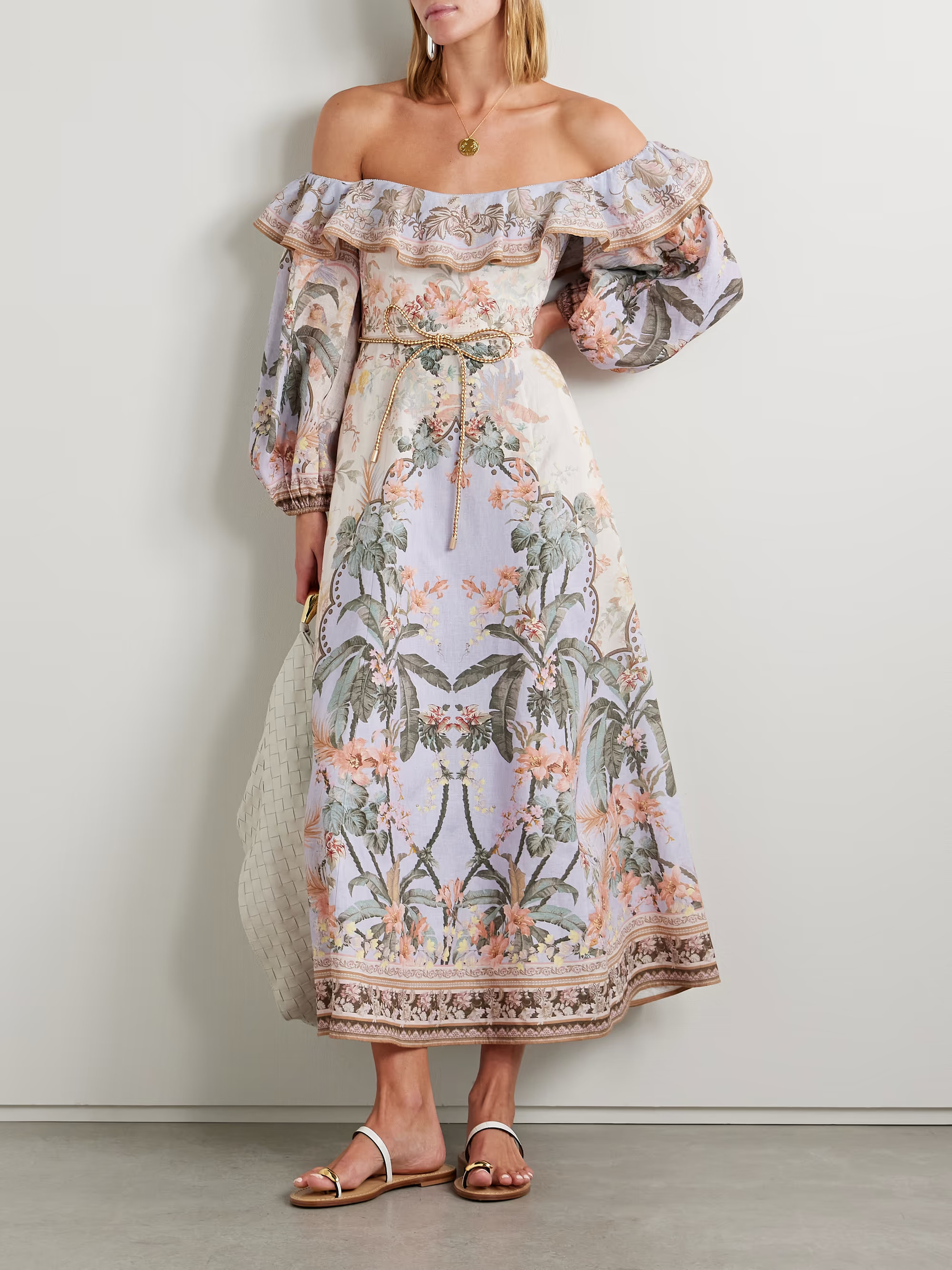 Wylie off-the-shoulder belted floral-print linen midi dress | NET-A-PORTER (US)