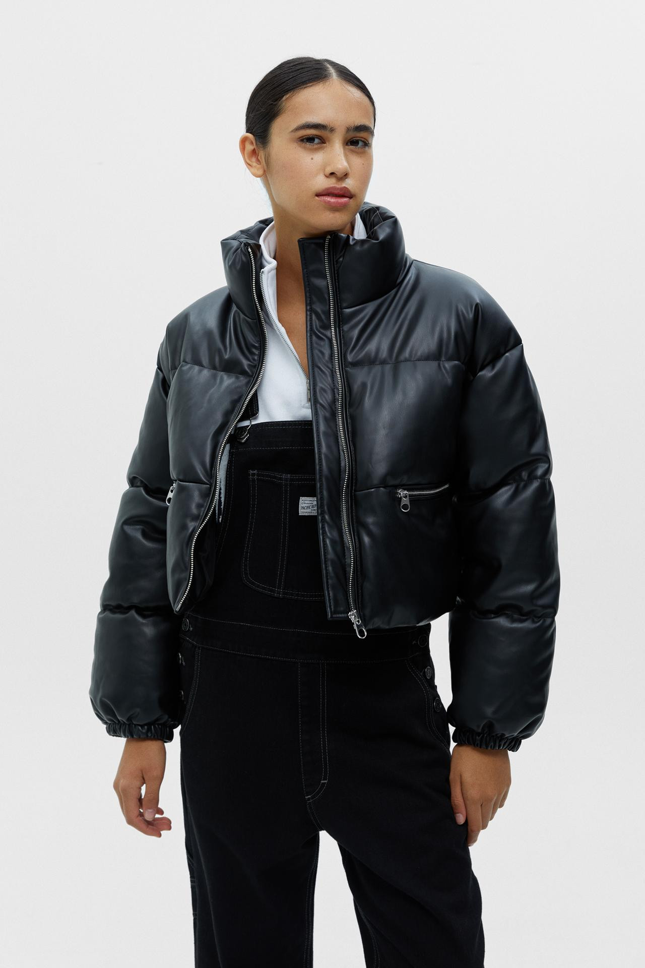 Black faux leather short puffer jacket | PULL and BEAR UK