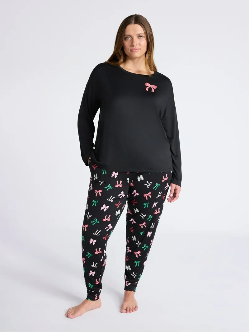 Joyspun Women's Dreamy Soft Collection Long Sleeve Sleep Top and Joggers Pajamas Set, 2-Piece, Si... | Walmart (US)