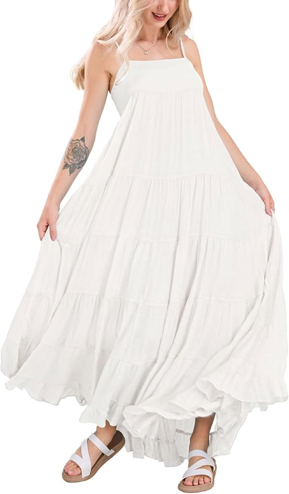 chouyatou Women's Summer Boho Flowy Spaghetti Strap Maxi Dress Smocked Back Casual Swing Beach Su... | Amazon (CA)