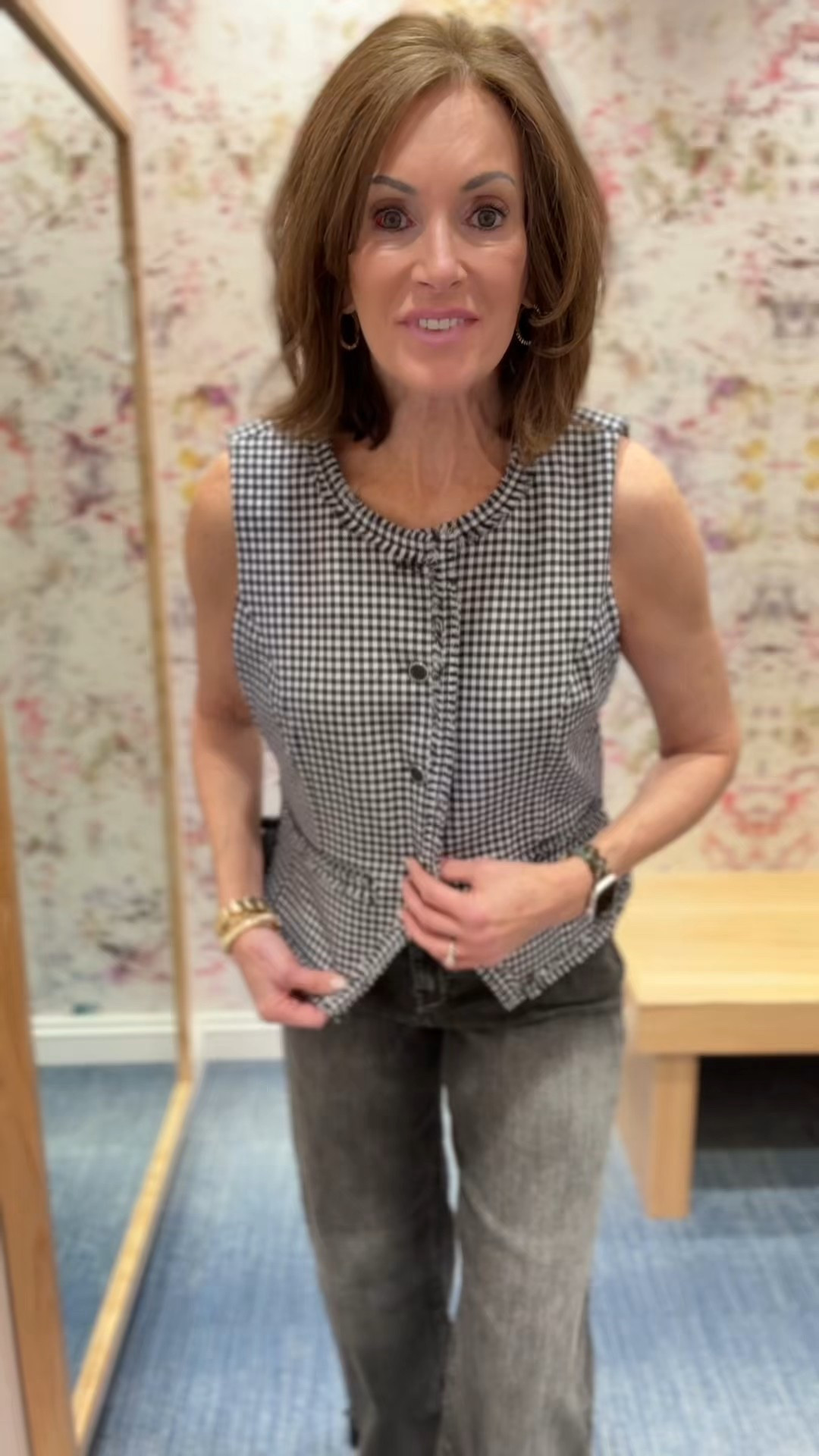 Gingham vest - XL
Black wide leg denim- size 6
Skort - large

Spring style 
Workwear 

#LTKOver40 #LTKMidsize #LTKTall