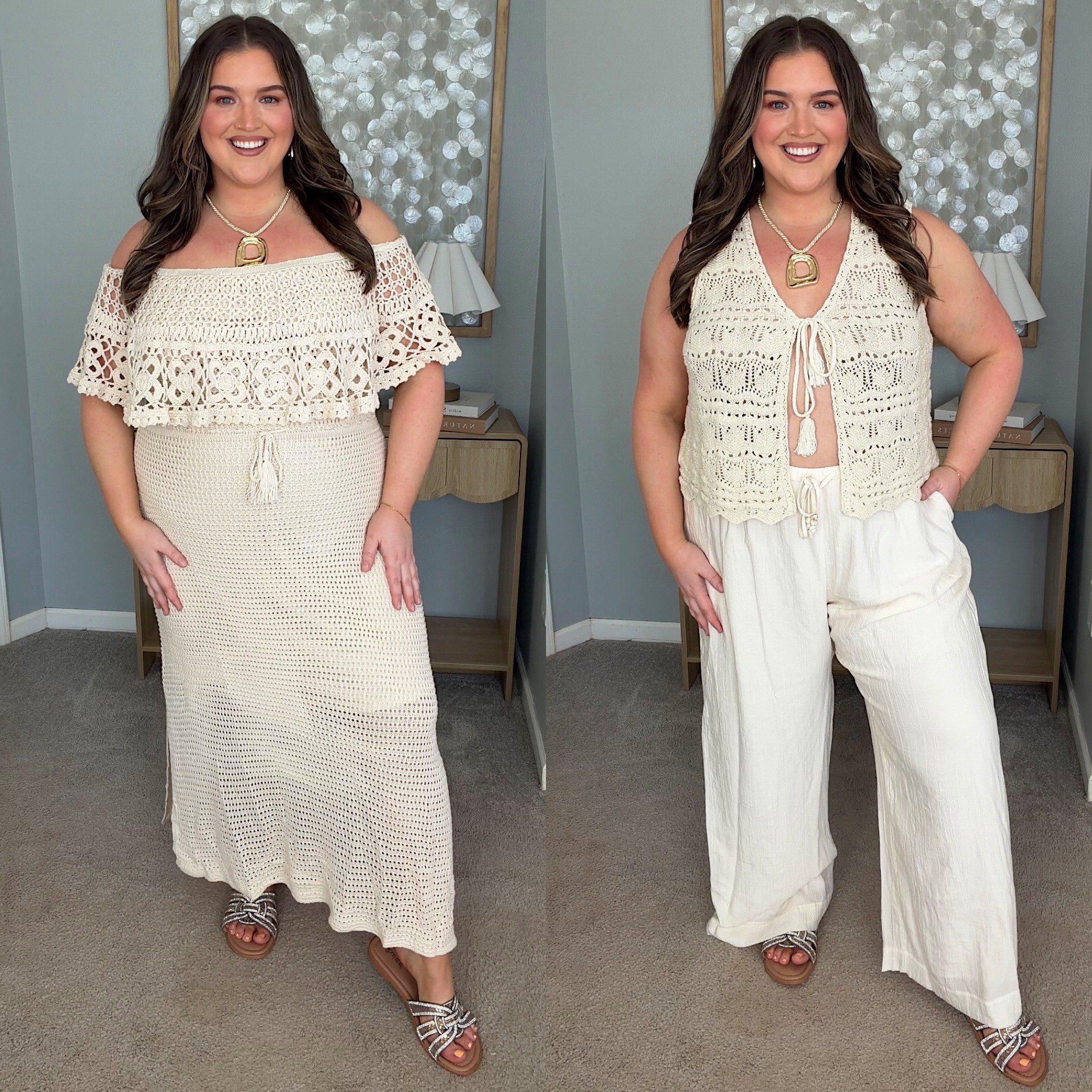 Dinner outfits for Mexico theme night: white/tan/cream 🤍🐚 
Wearing a size 20 plus in crochet off the shoulder dress + XXL in vest and beach pants. Sandals are wide foot approved 

#LTKSaleAlert #LTKootd #LTKPlusSize