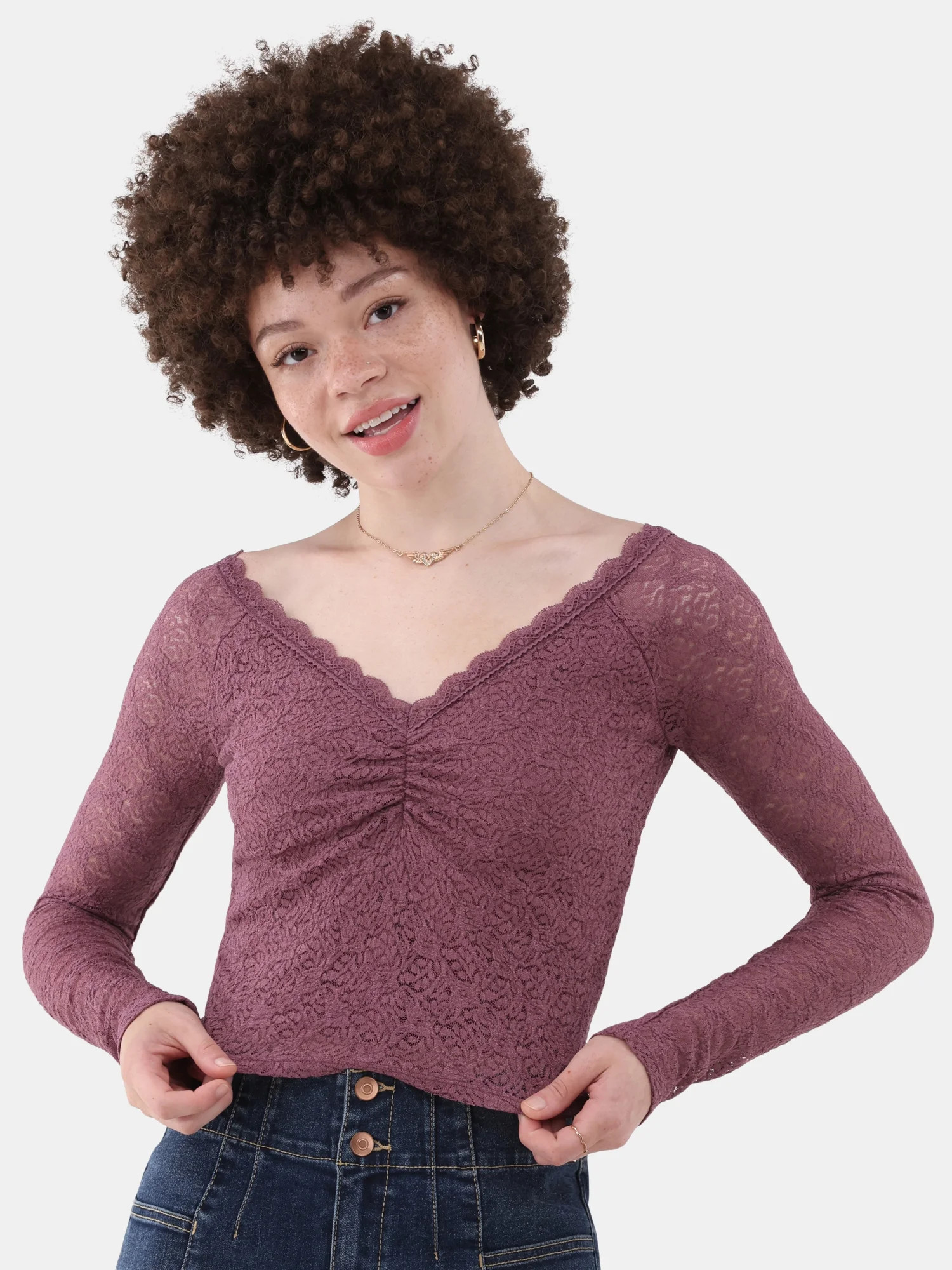 No Boundaries Lace V-Neck Top with Long Sleeves, Women’s | Walmart (US)