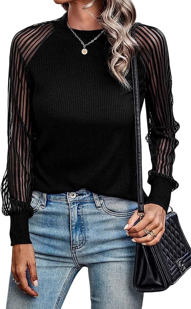 Dokotoo Womens Fall Crewneck Mesh Lace Long Sleeve Ribbed Knit Blouses Solid Color Pullover Tops | Amazon (US)