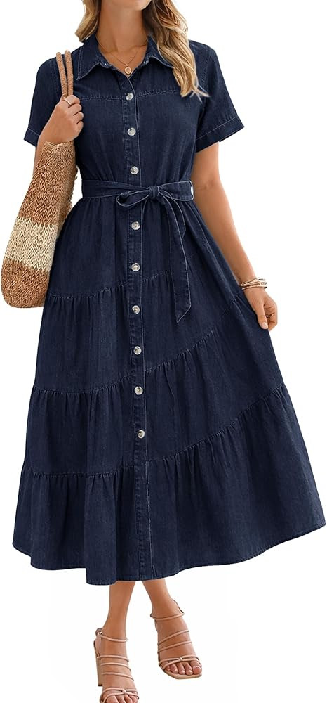 BerryGo Womens Summer Denim Shirt Dress Casual Belted Short Sleeve Button Down Flowy Midi Jeans D... | Amazon (US)