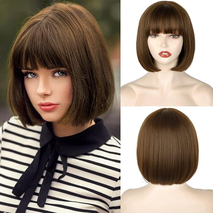 WERD Short Brown Bob Wig with Bangs,10 inch Brown Straight Bob Wig for Women Heat Resistant Fiber... | Amazon (US)