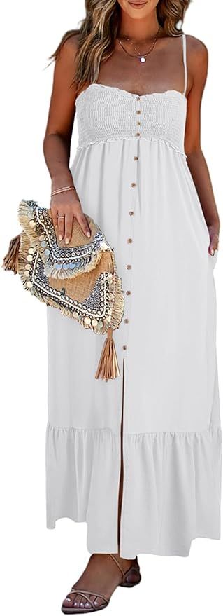Dokotoo Womens Summer Dresses 2024 Sleeveless Spaghetti Strap Button Down Smocked Beach Long Maxi... | Amazon (US)