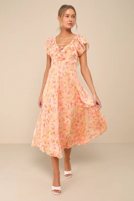 Pristine Darling Peach Floral Ruffled Lace-Up Midi Dress | Lulus