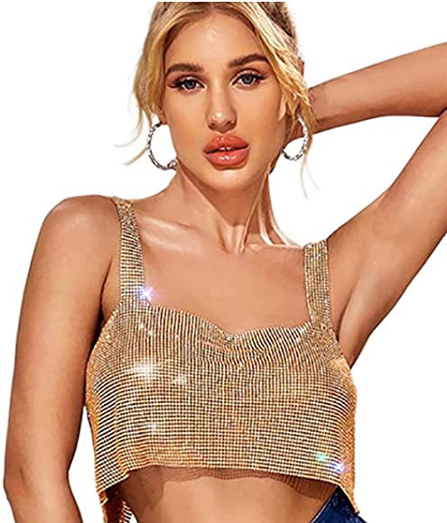 Fstrend Crystal Rhinestones Crop Top Sparkly Gold Halter Tank Top Shirts | Amazon (US)