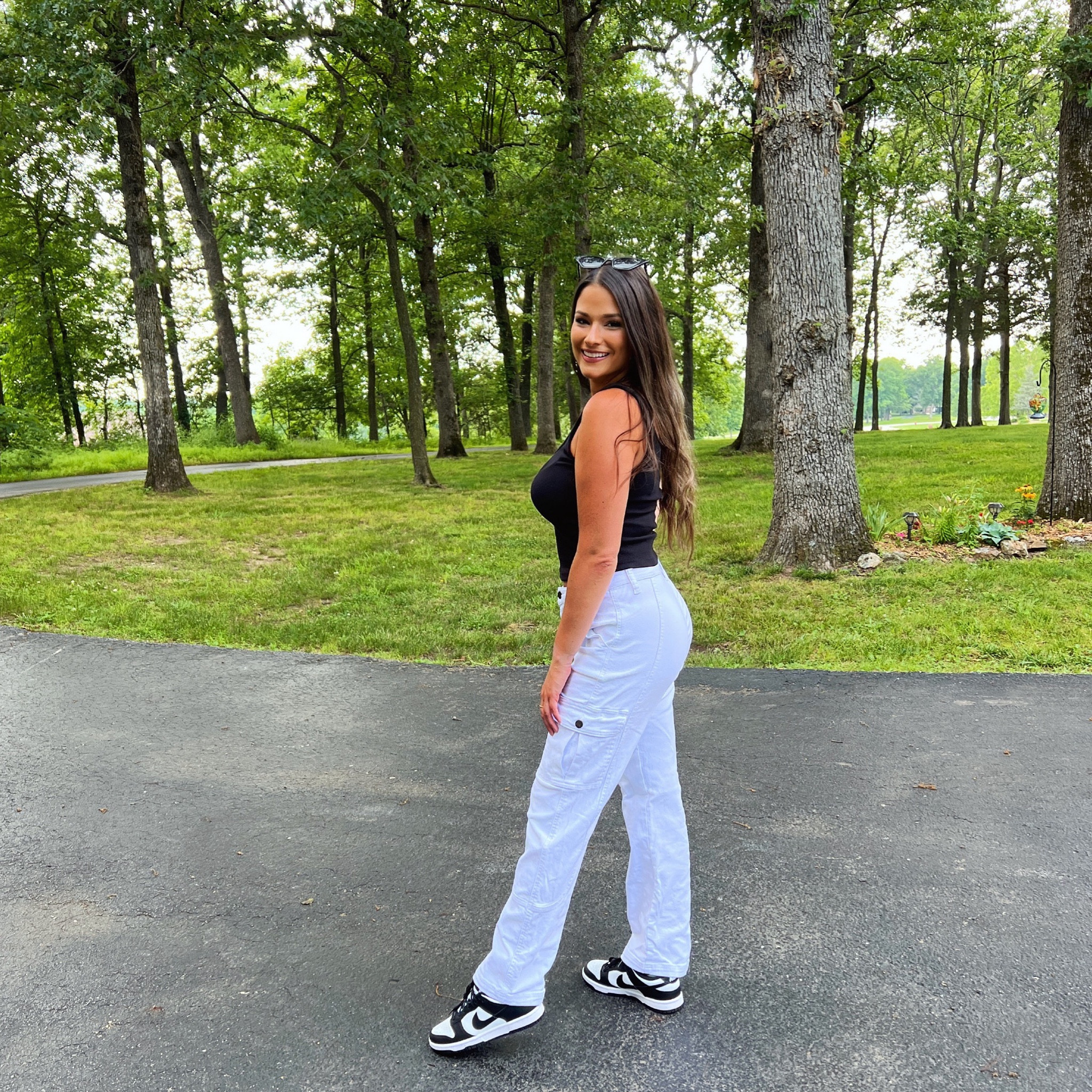 White cargo pants all summer 🤍 | black and white | black and white outfit | cargo pants | nike | nike dunks | panda dunks | outfit inspo | 

#LTKshoecrush #LTKFind #LTKU