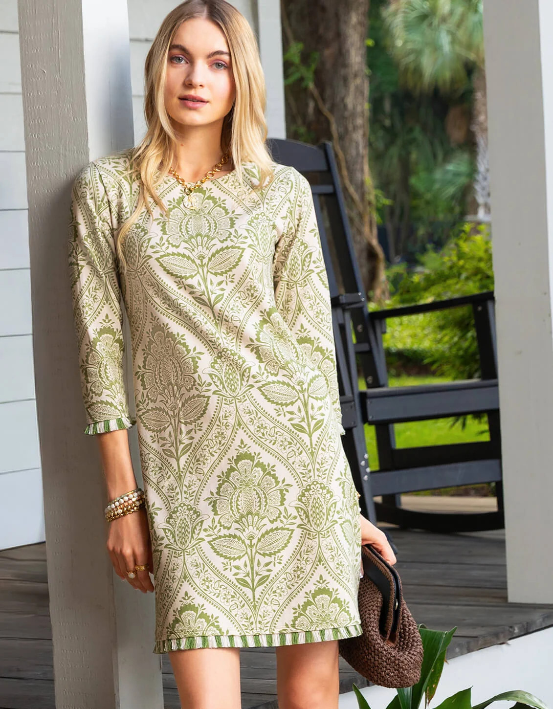 Island Fringe Dress Heritage Damask Green | Spartina 449