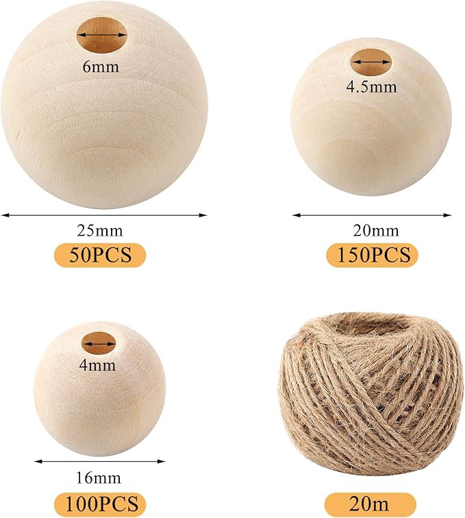 DICOBD 300pcs Wooden Beads 3 Sizes(16mm/20mm/25mm) Natural Unfinished Round Wood Beads Large with... | Amazon (US)
