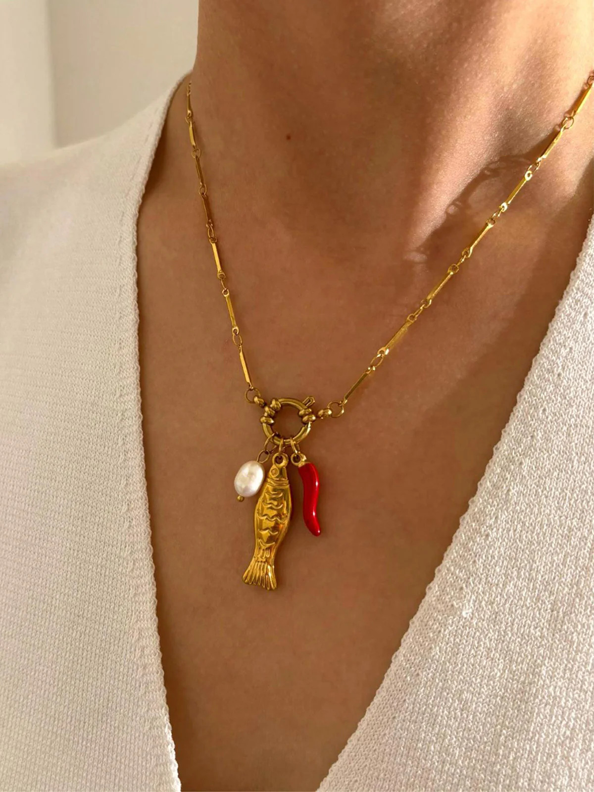 Fish & Chili Pendant Link Chain Necklace | Commense