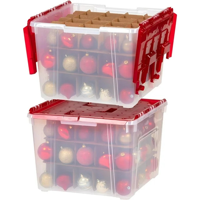 IRIS USA 2Pack 60Qt. Plastic Clear Ornament Storage Box with Hinged Lid and Dividers, Clear/Red | Walmart (US)