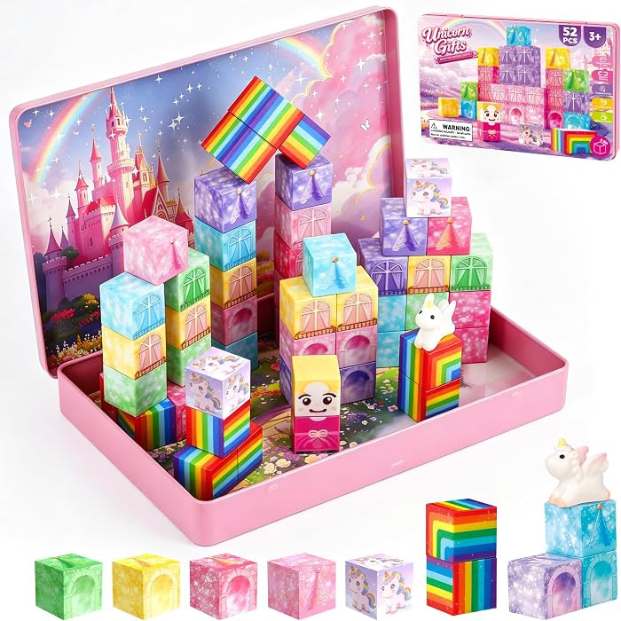 Mini Magnetic Blocks Travel Set with Magnetic Case-52 PCS Magnet Building Cubes Unicorn Toys for Kids 3-5, Toddler Travel Toys Airplane Essentials, STEM Montessori Toys Christmas Stocking Stuffers | Amazon (US)