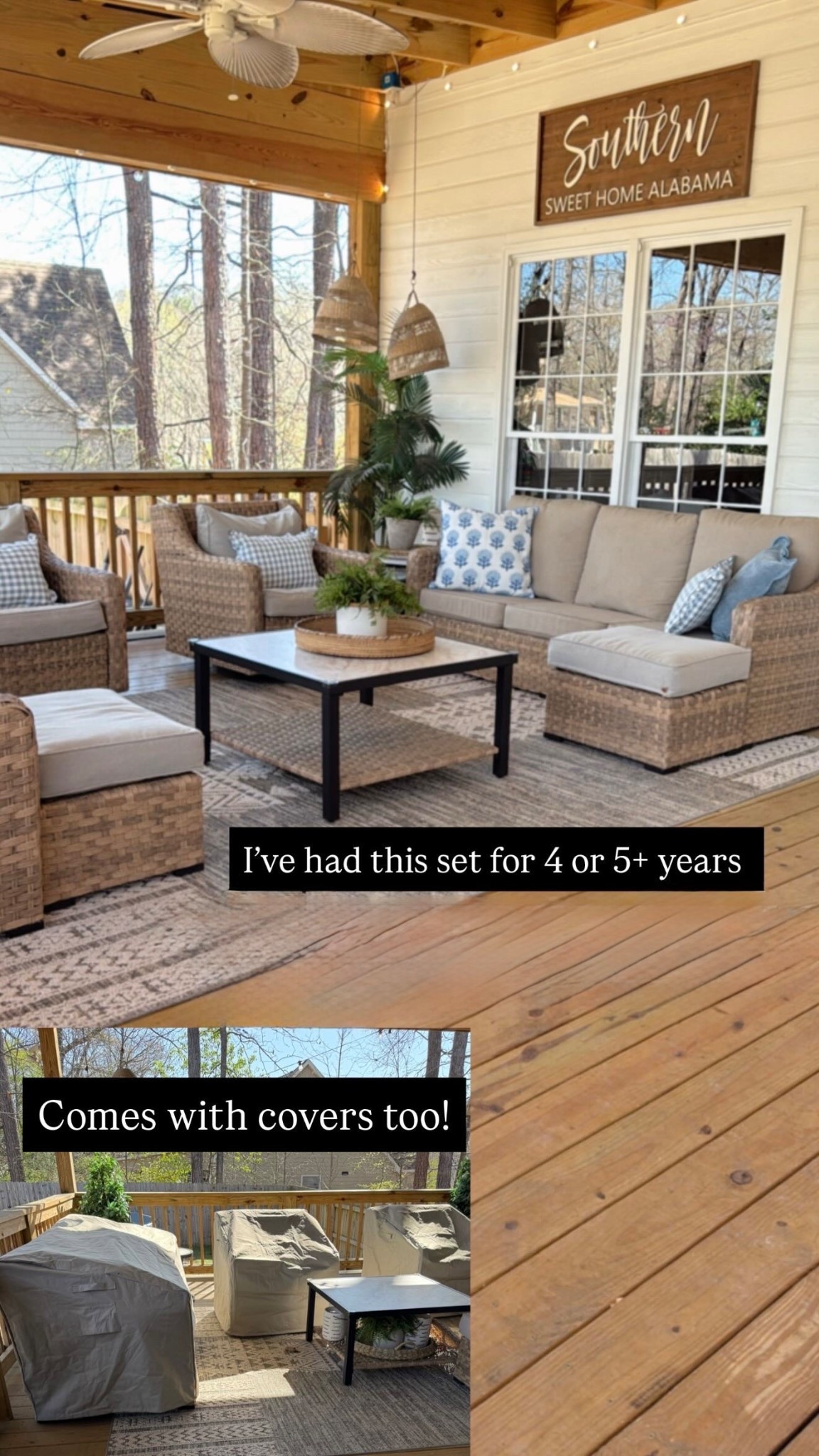 My outdoor furniture 
•Chairs have 360° swivel an glide
•Cushions are treated with Scotchguard 
•Coffee table and ottomans available separately
• the “set” includes one sofa, two chairs, two round nesting tables and comes with covers for the sofa and chairs 

#LTKHome #LTKmomlife #LTKSeasonal
