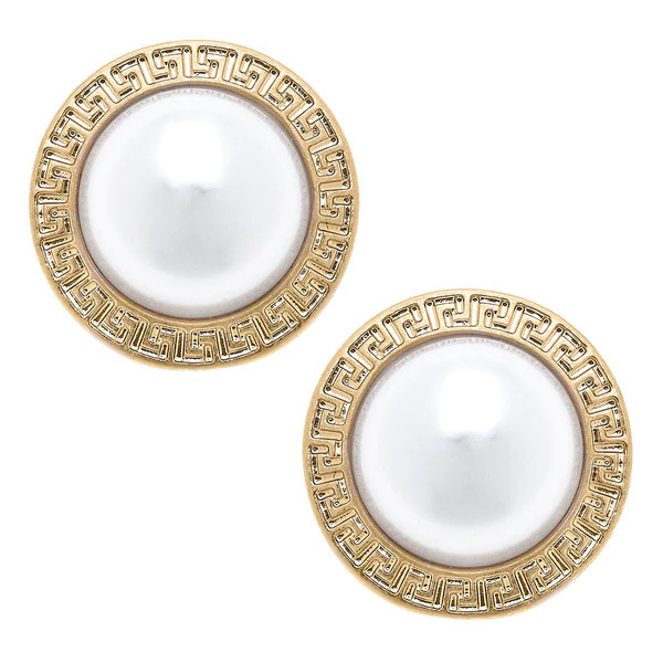 Amal Greek Keys Pearl Stud Earrings in Ivory | CANVAS