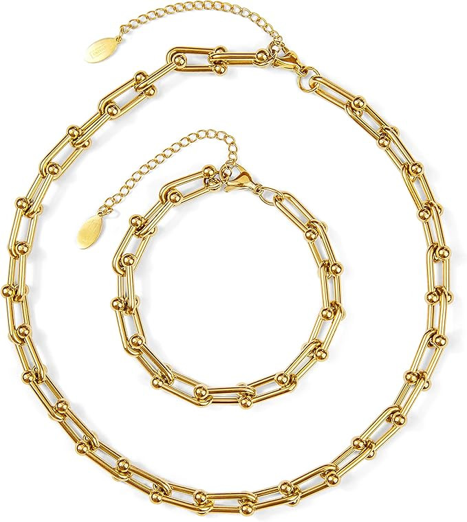 Amazon.com: Paperclip Chain Necklace for Women with Paperclip Bracelet Set | Gold Chain Link Neck... | Amazon (US)