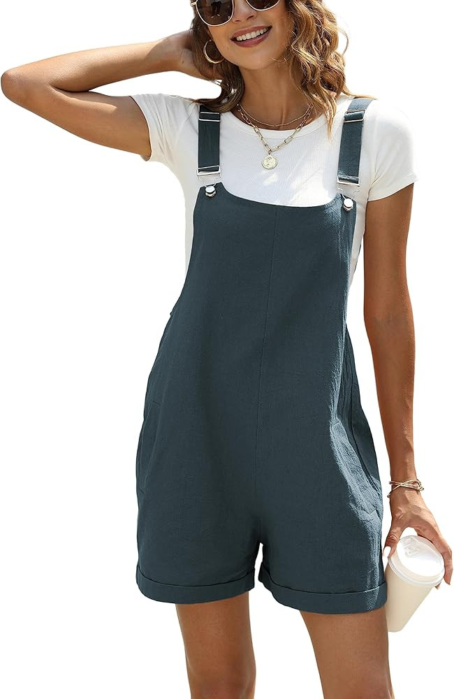 Ailoqing Womens Cotton Linen Short Overalls Casual Summer Bib Shortalls Rompers with Pockets | Amazon (US)