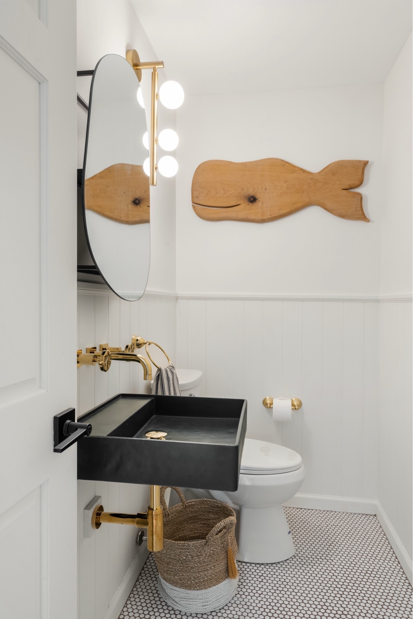 I used a Concretti wall-mounted sink in my own powder room and had been wanting to use the Kale color ever since. Loved it for this beach house powder bathroom - it feels fun and playful while still feeling elegant. Paired with brass fixtures, penny tile flooring, beadboard walls, and a few woven accents throughout. Linking exact and similar pieces here.

#LTKHome #LTKSaleAlert #LTKActive