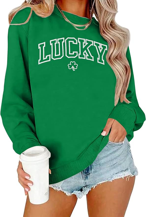 VVNTY St. Patrick's Day Sweatshirt for Women: Embroidered Lucky Shamrock Graphic Tee Shirts Paddy... | Amazon (US)