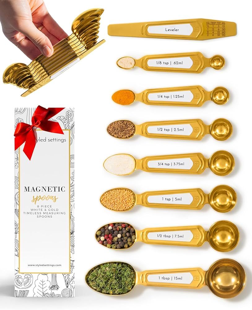 White and Gold Measuring Spoons with Leveler - Featuring 8PC Upgraded Style, Dual-Sided, Stackabl... | Amazon (US)
