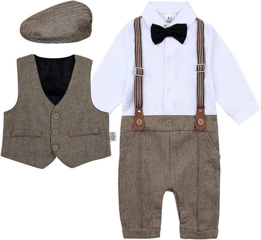 A&J DESIGN Baby Boys Outfit Set, 3pcs Gentleman Romper & Vest & Berets Hat | Amazon (US)