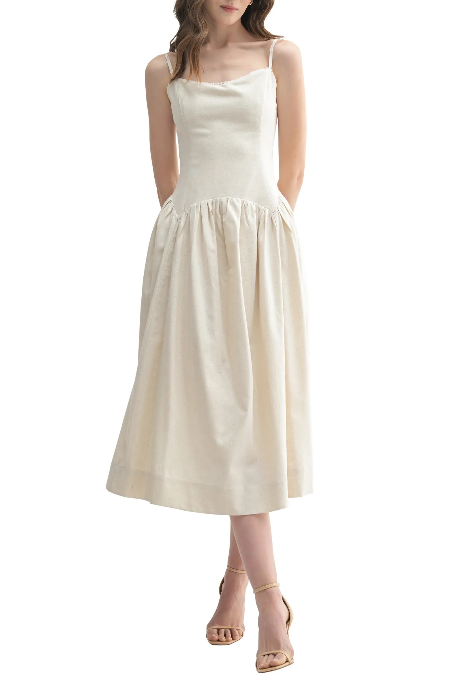 Drop Waist Cotton & Linen Midi Dress | Nordstrom
