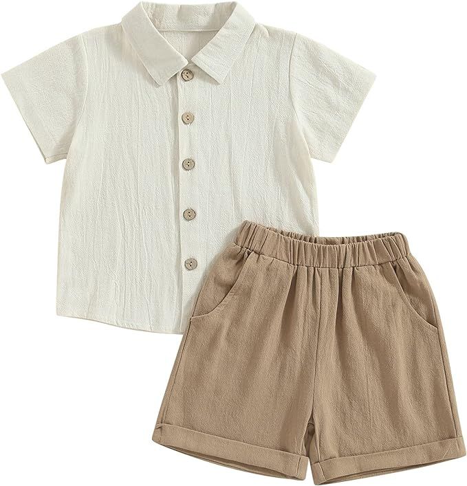 Karuedoo Toddler Baby Boy Clothes Cotton Linen Short Sleeve Button Down Shirt Shorts Set 2Pcs Sum... | Amazon (US)