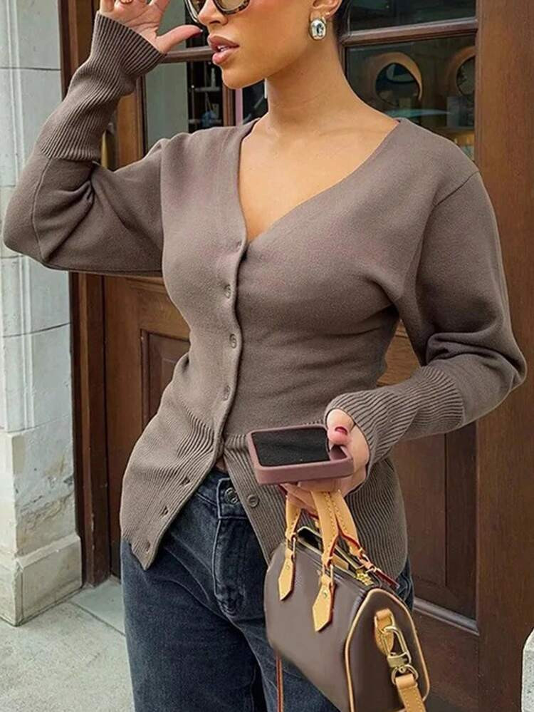 Women's Autumn And Winter Sexy Elegant V-Neck Solid Brown Cardigan Sweater, Slim Fit Simple Button Front Knitwear | SHEIN